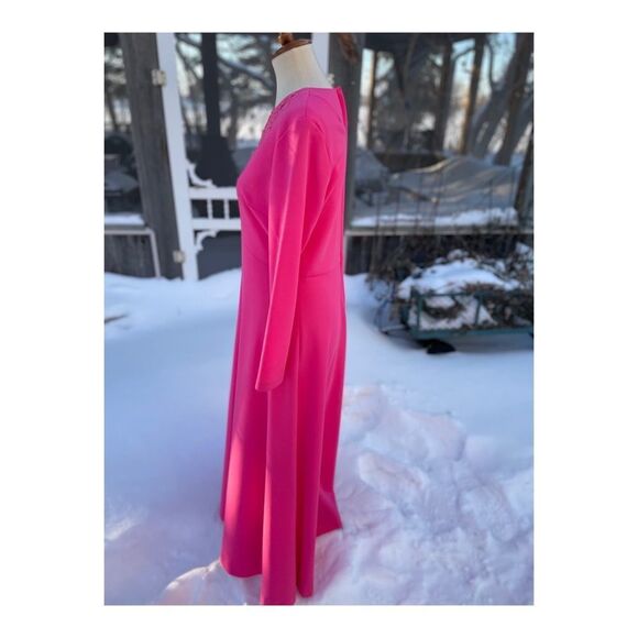 True Vintage Hot Pink Maxi Dress Long Sleeve Soutache Neckline Detail Fitted - Picture 5 of 10